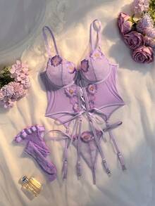 Crystal Vow 3pcs Purple French Elegant Floral Embroidery Sheer Mesh Sexy Lingerie Set,Summer Evening Night Backless Tie-Up Camisole For Women Newlywed Honeymoon - Purple - View 5