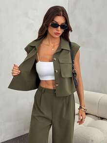 SHEIN Tall Setelan Kemeja dan Celana Panjang Wanita Gaya Kasual dan Minimalis Warna Hijau Army untuk Musim Semi/Panas Terbaru - Hijau Tentara - View 6