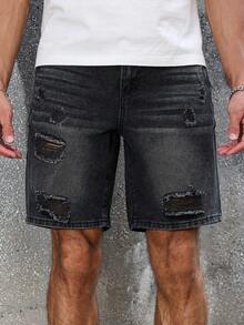 Manfinity Roughcore Men's Denim Shorts, Fashion Suitable For Summer Black Shorts Men S Ripped Shorts - Black - View 7