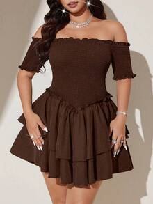 Viva Relle 大尺碼女款性感露肩露背雙層下擺洋裝 - 棕色 - 查看 2