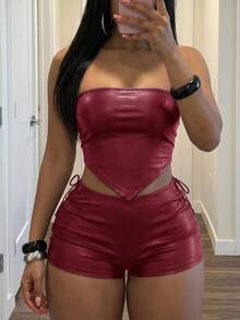 Slaydiva New Street Casual Sexy Hot Girl Y2K Burgundy PU Halter Neck Front Center Strap Top Club Party Summer - Burgundy - View 4