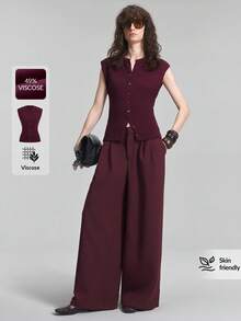 Ontre 2026夏季新款女式開襟衫，收腰設計，紫紅色短袖上衣，圓領，前扣鈕扣，設計感休閒通勤都市現代極簡優雅茶會日老錢風教師女式辦公穿著度假裝扮約會女式外套時尚百搭女式開襟衫 - 中紫紅色 - 查看 3