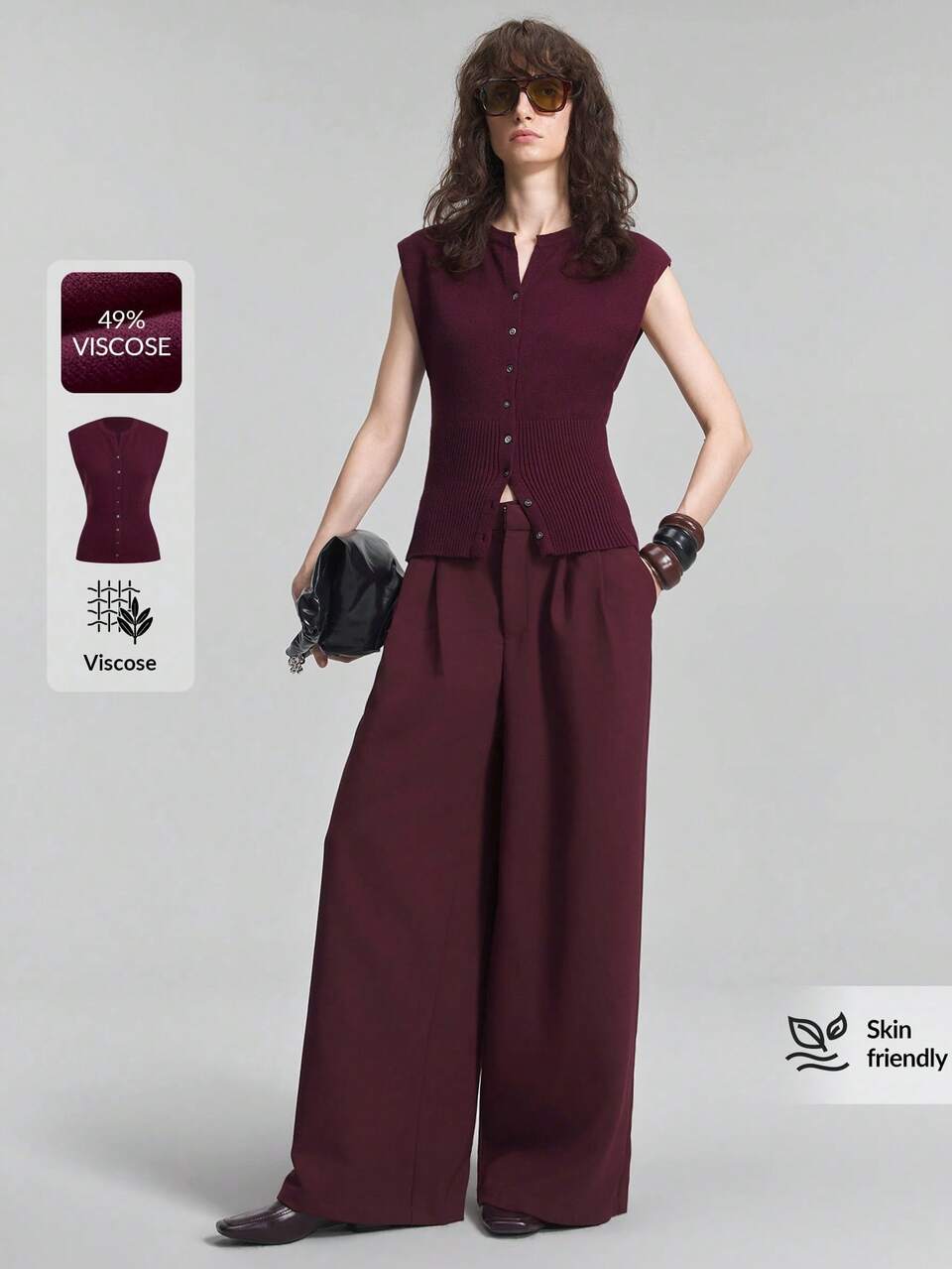 2026 New Autumn Women's Cardigan, Cinched Waist, Purple-Red Cap Sleeve Top, Round Neck, Button Front,Minimalist Elegant Teacher Women's Office Wear
