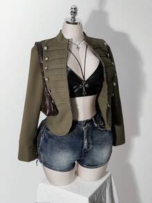 SHEIN ICON 女款大尺碼街頭時尚長袖拉鍊雙排扣夾克 - 軍綠色 - 查看 12
