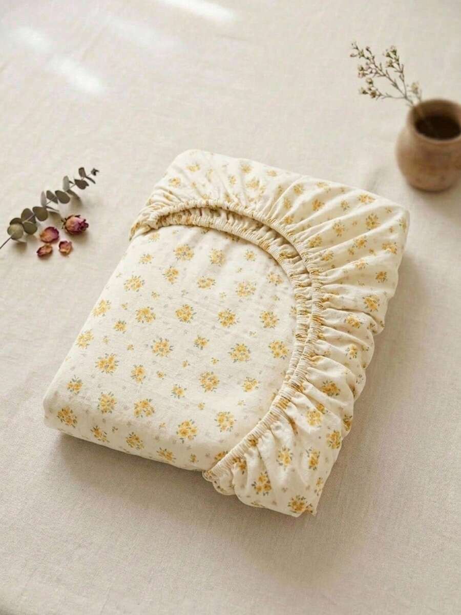 Cirelle 1pc Polyester Floral Fitted Sheet, Vintage Flower Printed Bed Sheet Only, All-Around Elastic Mattress Cover - Orange Sea - View 1