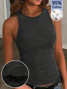 Slaydiva Plus Size Summer Casual Washed Padded Tank Top - Black - View 1