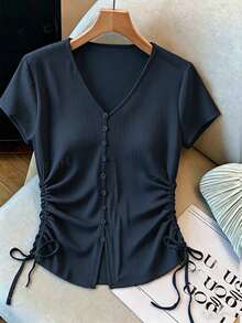 GlowEve CURVE Plus Size Women's Summer V-Neck Knit Tank Top, Design Top T-Shirt With Drawstring Sides Formal Office Navy Blue Casual - Navy Blue - View 1
