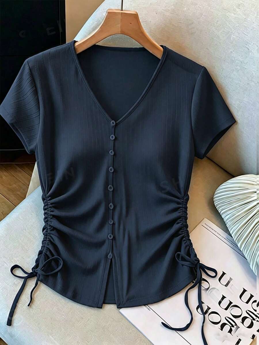 GlowEve CURVE Plus Size Women's Summer V-Neck Knit Tank Top, Design Top T-Shirt With Drawstring Sides Formal Office Navy Blue Casual - Navy Blue - View 1