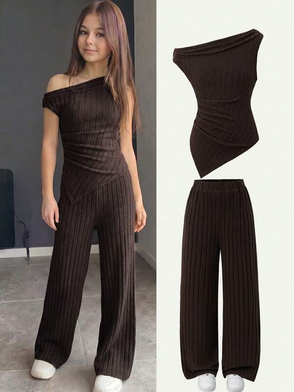SHEIN Tween Girl Dark Brown Ribbed Asymmetrical Shoulder Wide Leg Pants 2-Piece Set & Asymmetrical Shoulder Short Sleeve Ruched Waist Top & High Waist Ruched Wide Leg Pants & Same Color Textured Fabric & Vintage Commute Style Women's Clothing & Spring Autumn Daily Street Wear & Date Outfit & Niche Design Elegant Set KIDS