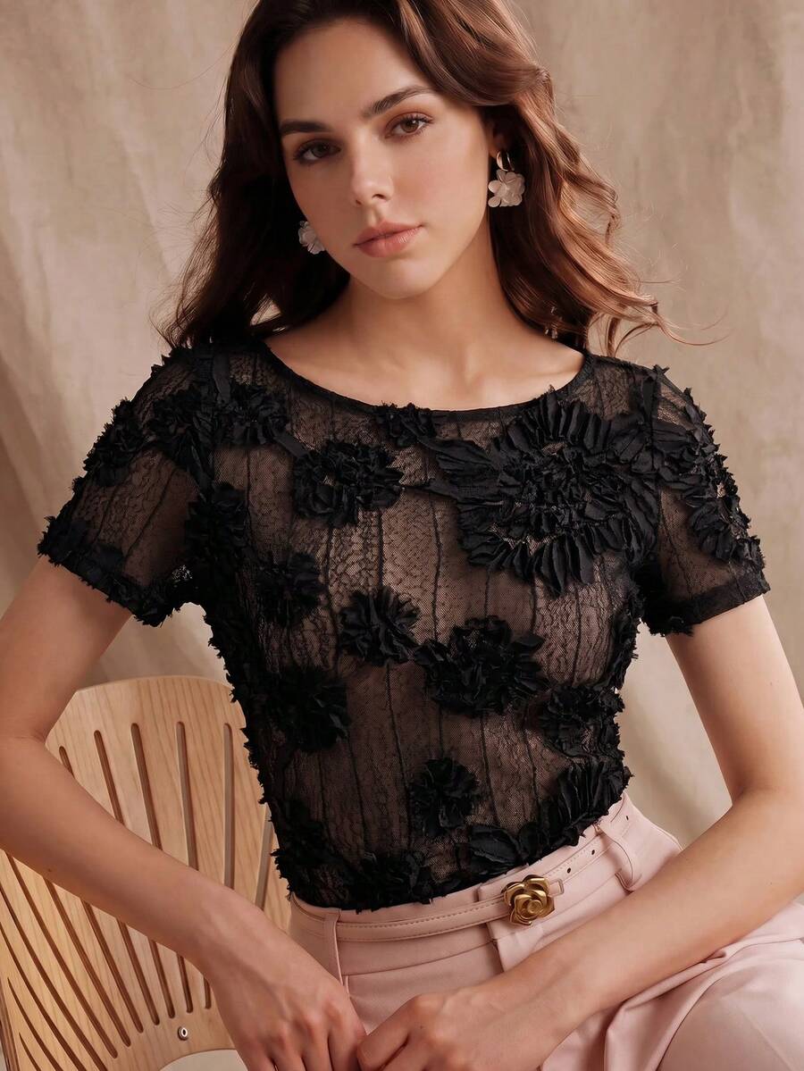 Anewsta 柔美法式風春/夏粉色3D花卉提花短袖優雅約會/通勤女款T恤上衣 - 黑色 - 查看 1