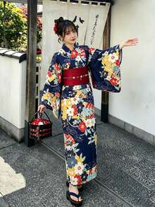 Irokai 日式傳統和服深藍色花卉圖案女款改良兩件式浴衣套裝 - 彩色 - 查看 1
