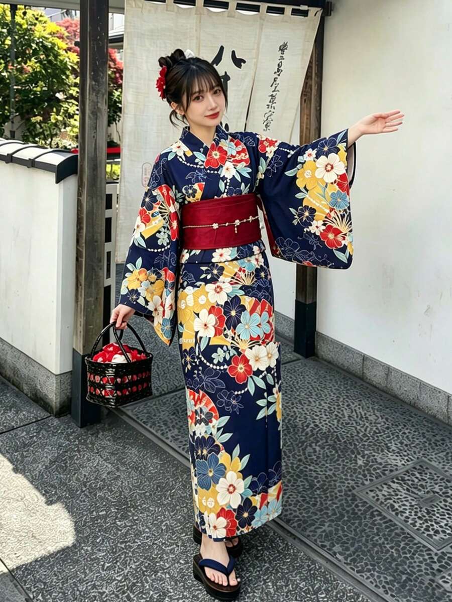 Irokai 日式傳統和服深藍色花卉圖案女款改良兩件式浴衣套裝 - 彩色 - 查看 1