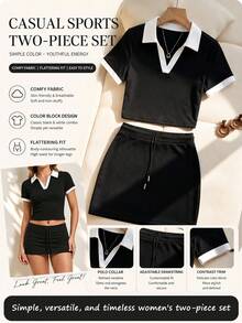 Franclia Women's Summer Casual Colorblock Patchwork Top Skirt Set School Black - Black and White - View 5