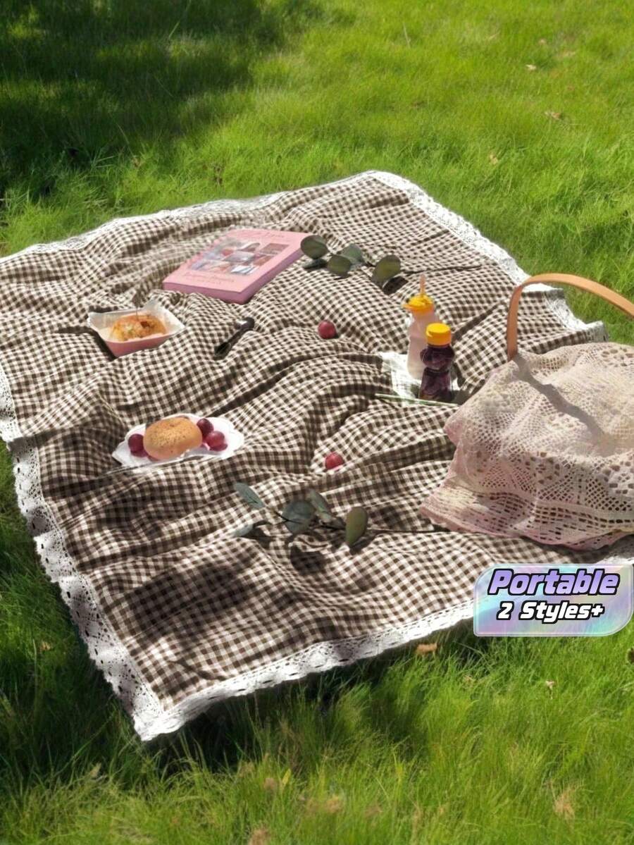 1pc Charming Brown & White Plaid Rectangular Picnic Blanket - Woven Rayon Tablecloth With Lace Trim, Suitable For Winter Camping, Beach Outings, Photography Backdrop, Picnic Accessories - brown - View 1