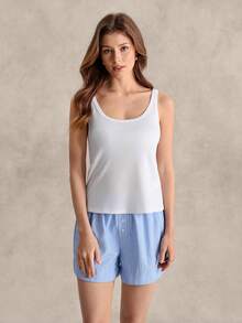 EverLounge Women's Spring/Summer British Style Basic Minimalist White Ribbed Tank Top And Blue & White Striped Shorts Loungewear Set - Multicolor - View 3