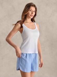 EverLounge Women's Spring/Summer British Style Basic Minimalist White Ribbed Tank Top And Blue & White Striped Shorts Loungewear Set - Multicolor - View 5