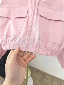 SHEIN 青少年女孩編織純色貼袋短版寬鬆休閒街頭風連帽外套，適合秋季與夏季 - 粉色 - 查看 4