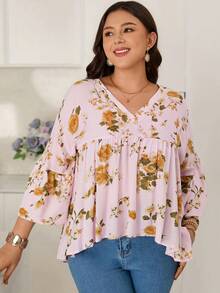 Rosumi Women's Plus Size Mid-Sleeve V-Neck Pink Printed Blouse Fall - Multicolor - View 3