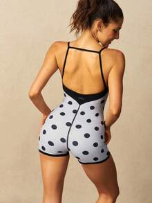 VARSIVA Polka Dot Print Backless Spaghetti Strap Sports Romper - Multicolor - View 8
