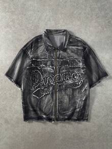ROMWE MEN Camisa de mezclilla de manga corta con cremallera y parches de letras para hombre - Negro - Ver 1