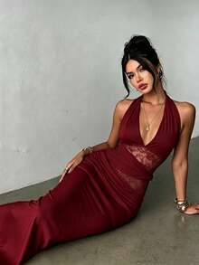 SHEIN Elegant Sexy Slim Fit Deep V Halter Neck Waist Lace Patchwork Spring Summer Burgundy Women's Dress Party Dinner Bar Night Gown Wedding Outfit - Red - View 3