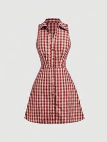 SHEIN MOD 女款紅白格紋單排扣休閒學院風復古基本款性感日常野餐高爾夫迷你洋裝，返校畢業夏季洋裝 - 彩色 - 查看 5