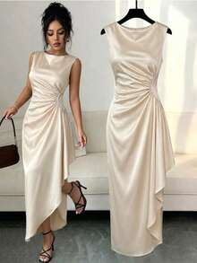 SHEIN Franclia Vestido largo elegante y exquisito para mujer, primavera/verano, para salidas, citas y ir al trabajo, cuello redondo, manga corta, cintura ceñida, abertura curva, bajo asimétrico fruncido - Albaricoque - Ver 1