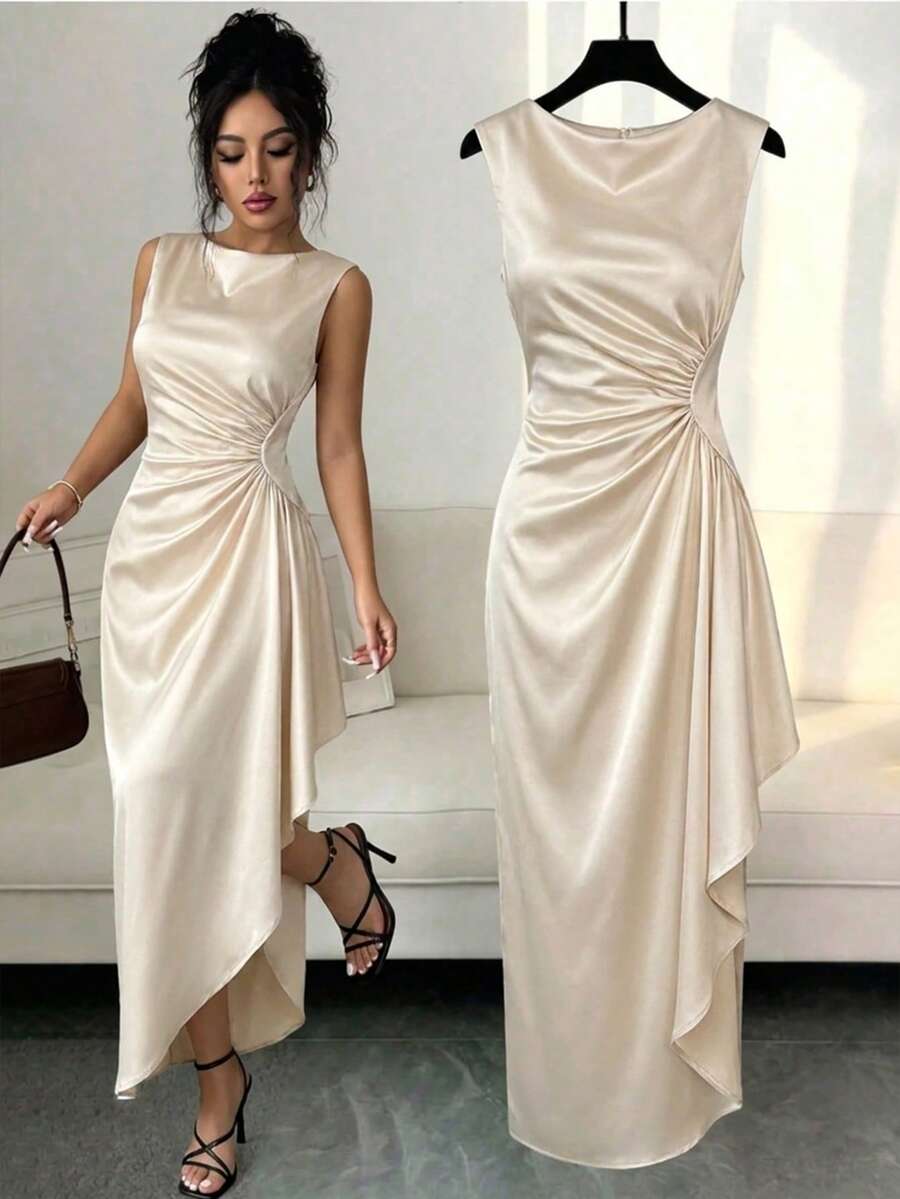 SHEIN Franclia Vestido largo elegante y exquisito para mujer, primavera/verano, para salidas, citas y ir al trabajo, cuello redondo, manga corta, cintura ceñida, abertura curva, bajo asimétrico fruncido - Albaricoque - Ver 1