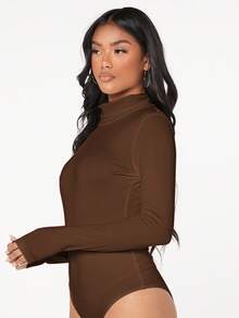 SHEIN BAE Solid High Neck Bodysuit - Chocolate Brown - View 6