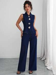 Selianne Women's Metal Starfish Vest And Pants Casual European Denim Set Vacation Navy Blue Summer - Blue - View 7