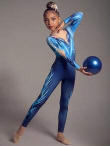 Tween Girls Long Sleeve Patterned Jumpsuit, Blue Fashionable Print Design With Rhinestones, Casual, Fashion, Team Competition, Daily Training And Other Sports Wear. All Season. - Multicolor - View 6