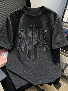 Manfinity Joysei 美式復古紮染做舊雪花水洗 NY 仿丹寧拼接字母印花 T-shirt，街頭極簡短袖圓領上衣，中性休閒男女款圖案 T-shirt，夏季戶外半袖衫 - 彩色 - 查看 3