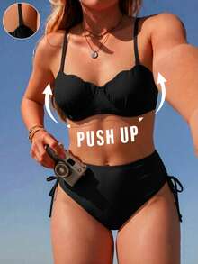 SHEIN Swim Plus Size 2026 Spring/Summer Hot-Selling New Digital Print Push-Up Underwire Shell Hard Cup Swimwear With Detachable Adjustable Shoulder Straps, Easy On/Off High-End Metal Back Clasp, Traditional Sexy High-Waist Triangle Bikini Bottom With Side Tie-Up Adjustable Design, Casual Fashion Vacation Beach Swimwear - Brown - View 2