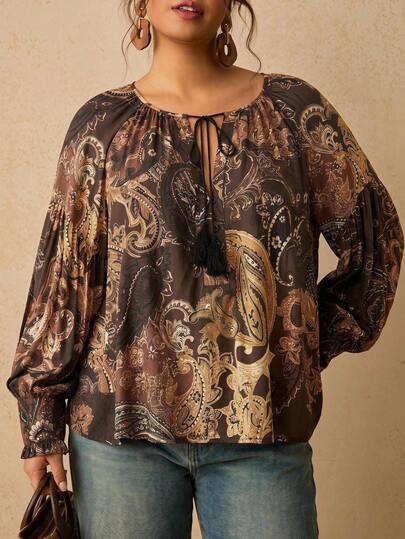 Travachic Plus Size Women's All-Over Print Casual Boho 90s Versatile Daily Wear Shirt Vacation Date Night Chocolate Brown Autumn