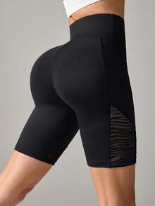 Flocked Mesh Patchwork Sports Shorts For Running And Yoga - Black - View 2