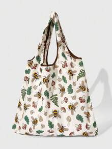 ROMWE Goth Cream Bee Mushroom Print Large Capacity Tote Bag Reusable Foldable Shopping Shoulder Bag, Lightweight Travel Grocery Shopper - bee - View 2