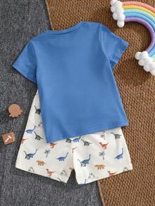 SHEIN Playful Pals 2件組男嬰套裝 卡通熊裝飾領短袖開襟衫 & 印花短褲上衣 & 螺紋布料衣物 夏季 - 藍色 - 查看 3