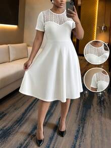 SHEIN Lady CURVE Plus Size Summer Elegant Solid Color Lace Patchwork Dress Party Wedding Guest All White - White - View 1