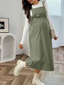 SHEIN Maternity Solid Color Casual Pocket Strap Dress - Army Green - View 1