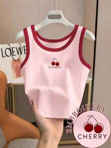 Resyla Women's Contrast Trim Round Neck Ribbed Tank Top Cherry Letter Print Sweet Casual Sleeveless Summer - Multicolor - View 1