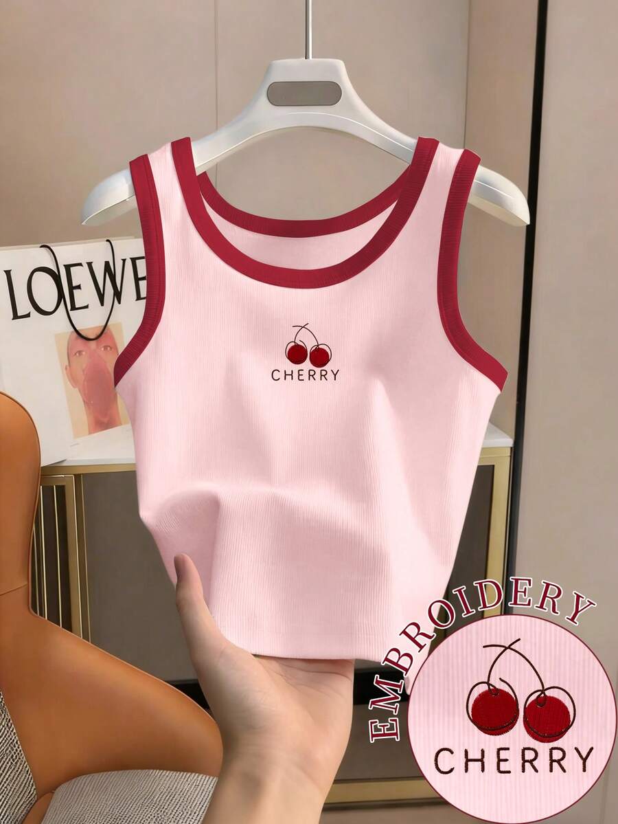 Resyla Women's Contrast Trim Round Neck Ribbed Tank Top Cherry Letter Print Sweet Casual Sleeveless Summer - Multicolor - View 1