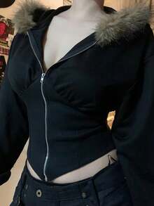 Lalippa Women Casual Faux Fur Collar Hooded Cinched Waist Jacket - Black - View 1