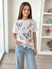 Elladie kids 少女 T 恤，仿刺繡仿珍珠數位印花圖案 T 恤，蕾絲飾邊下擺，適合女孩日常穿著與外出 - 彩色 - 查看 3