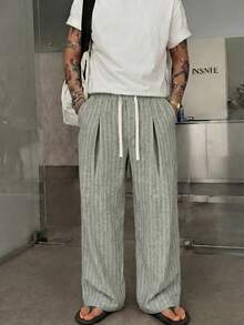 STEELVANCE Men's Summer Casual Drawstring Elastic Waist Vertical Striped Long Pants Vacation Style - Army Green - View 3