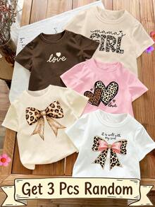 3 piezas Blusas casuales para niñas, primavera verano otoño, estampado de leopardo, decoración de moño, estampado gráfico de lema divertido, uso diario cómodo - Multicolor - Ver 1