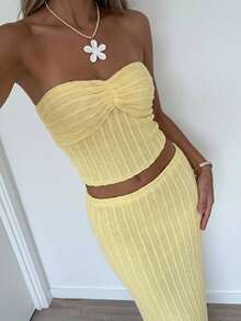 Firerie 女款優雅浪漫精緻度假海灘海邊約會派對舞會婚禮賓客流蘇布料露背繫帶抹胸上衣與長裙兩件套 - 彩色 - 查看 3