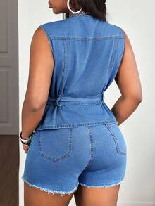 Slaydiva Jaket Denim Tanpa Lengan Ukuran Besar dengan Sabuk, Warna Biru, Gaya Barat Tradisional Musim Panas untuk Pesta Ulang Tahun - Dark Wash - View 2