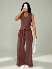 SHEIN PETITE Conjunto casual de 2 piezas de chaleco de un solo pecho y pantalones de unicolor Omen, verano - Marrón - Ver 6