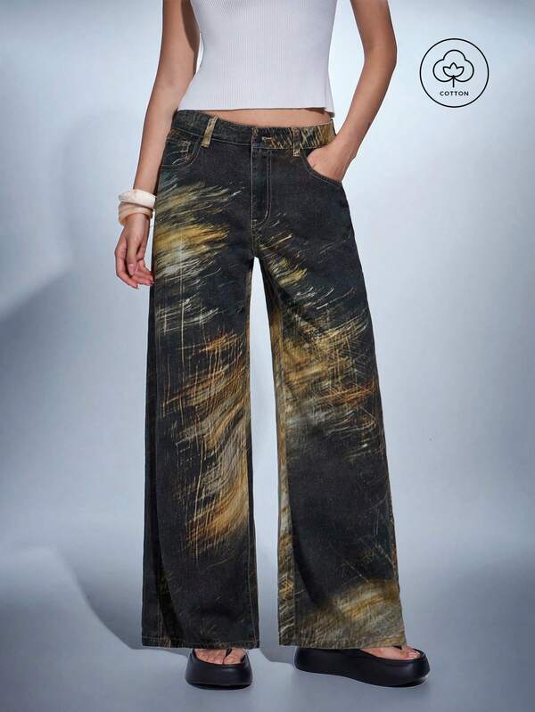 MERLEAU Jeans de mezclilla para mujer con bolsillos, botones, estampado tie-dye, casuales, versátiles, para uso diario y viajes