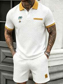 Manfinity Homme Men's Knitted Jacquard Solid Color Textured Collar & Cuff Ribbed Chest Stripe & Embroidered Classic Two-Button Polo Set - White - View 4